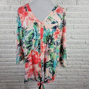 Coral Bay Women Top 2X Plus 3/4 Sleeve Red Floral Smocked Deco Buttons FLO64XE